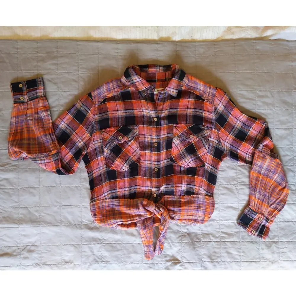 Free People We The Free Pink Orange Plaid Tie Front Western Shirt Medium - Picture 3 of 7